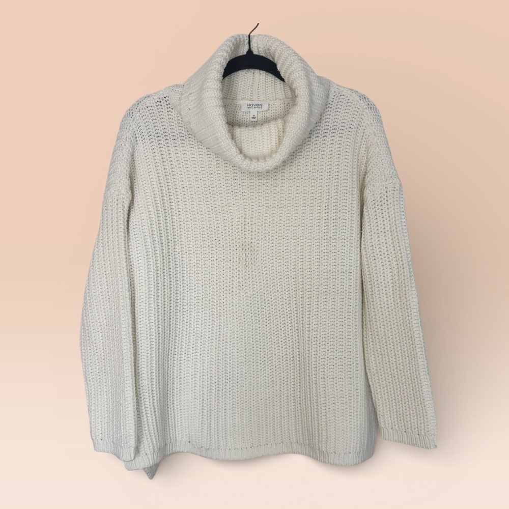 Haven Well Within Women’s Chunky Knit Cotton Cream Medium Turtleneck Sweater